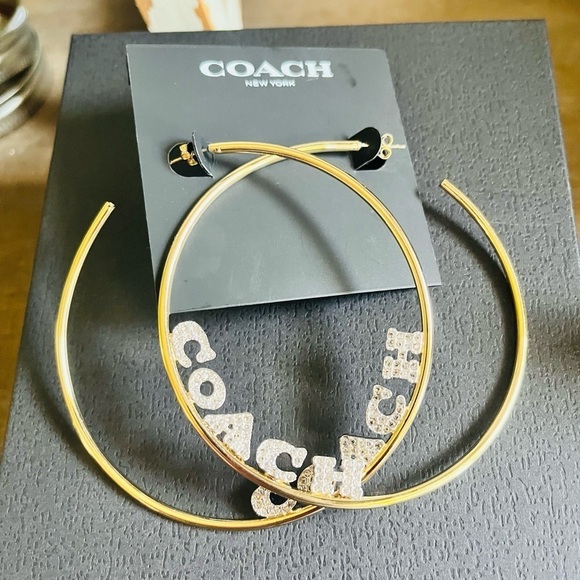 COACH Rhinestone Signature Gold Tone Large Logo Pave Hoop Earrings 3"​​​​​​ - Picture 3 of 3